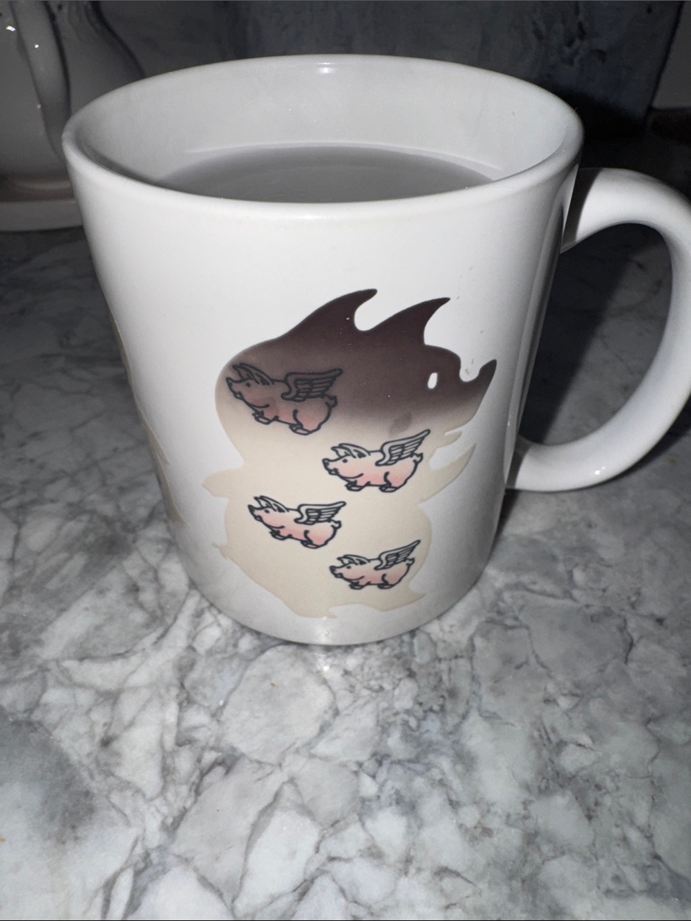 White Ceramic Mug color changing, black, pig Silhouette into flying pigs - Picture 6 of 9